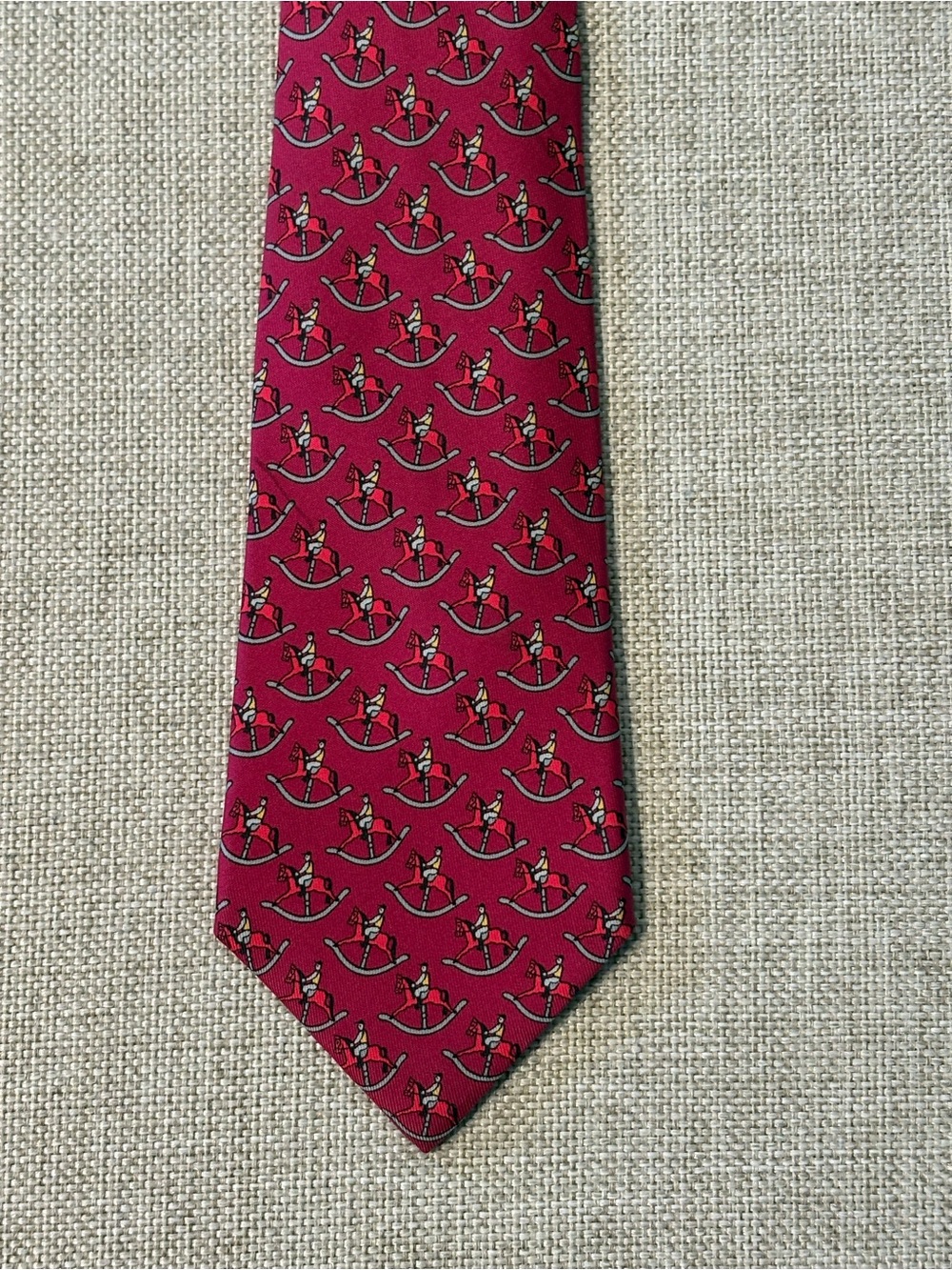 Hermès Paris Rocking Horse Rider Silk Tie Burgundy Pink France